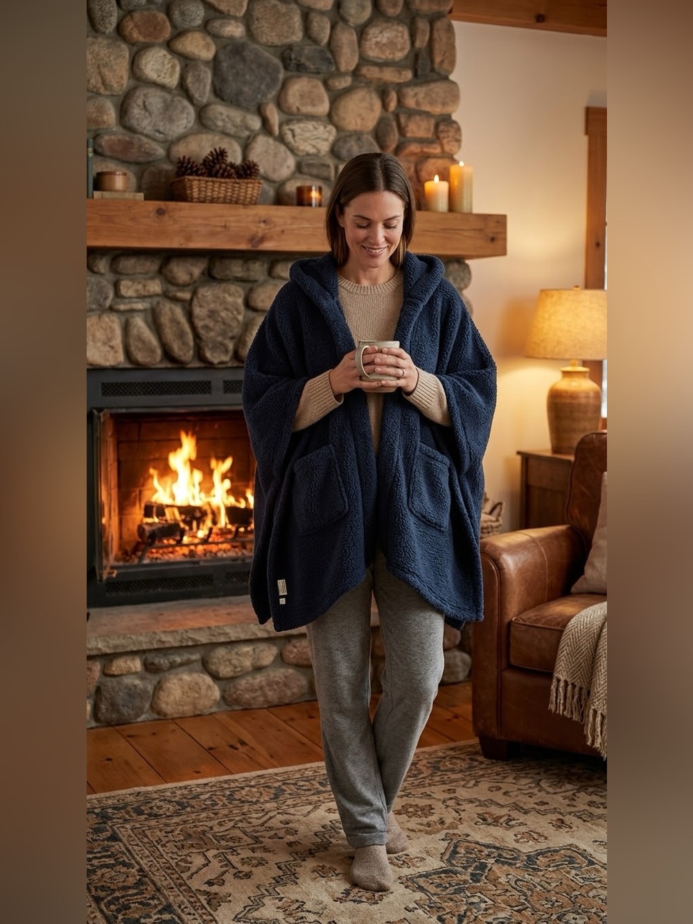 LL bean navy Cozy Hooded Sherpa/ Fleece Cape, Wrap, Shawl, Poncho unisex no size
